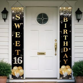 Sweet 16 Party Decorations Porch Sign Door Banner, Happy 16th Birthday Decorations for Boys Girls Black Gold, Sweet Sixteen Birthday Yard Sign Decor Supplies, Oxford Fabric Material