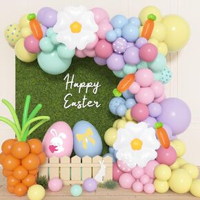 Easter Balloon Arch Garland Kit, 154PCS Happy Easter Party Decorations with Bunny Egg Carrot Pastel Printed Rainbow Daisy Foil Balloons for Hello Spring Theme Birthday Baby Shower Party Supplies Decor