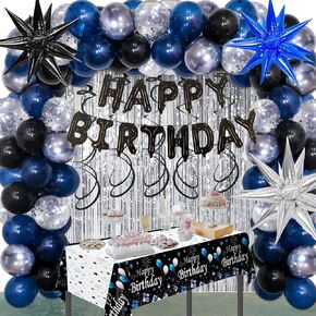 Navy Blue Birthday Decorations for Men Women,Black and Blue Party Decorations with Happy Birthday Balloons Banner Tablecloth Foil Fringe Curtains Confetti Star Balloons Arch Kit Blue Party decorations