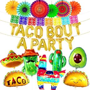 KatchOn, Huge 28 Pcs Taco Bout A Party Decorations - Cinco De Mayo Decorations | Mexican Banner for Fiesta Party Decorations | Taco Balloons, Fiesta Balloons | Cactus Balloons, Taco Party Decorations