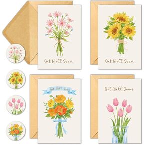 Get Well Soon Cards with Envelopes, Set of 24 (4 Unique Designs) 4"x6", Get Well Cards Bulk for Men Women, Funny Get Well Soon Greeting Note Cards to Friends, Relatives or Loved One