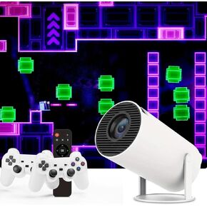 Game Projector and 2 Retro Gaming Consoles, Mini Projector with Wifi and Bluetooth, Small Portable Outdoor Movie Projector, Arcade Vision Smart HD Projector with Built in 10,000+ Retro Games