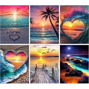 Ekuxom 6 Pack Diamond Art Kits for Adults, 5D Beach Diamond Painting Kits for Adults, DIY Full Drill Round Heart Beach Diamond Art Painting Set Wall Decor Gift 12x16 inch