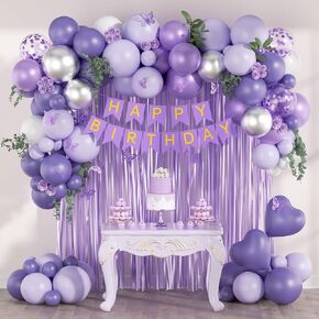 Purple Birthday Decorations for Women with Metallic Silver White Lavender Purple Balloons Happy Birthday Banner Cake Topper Purple Fringe Curtains for Lavender Happy Birthday Decorations