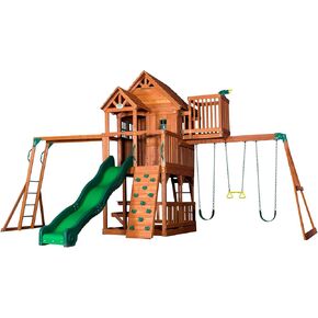 اكتشاف الفناء الخلفي ، Skyfort II Playground Cedar Wood Swing مع Flayhouse Fort ، Sandbox ، Table Table ، Slide ، Monkey Bars ، Wings ، Rock Clister ، Outdoor Playset للأطفال من عمر 3 إلى 10 سنوات