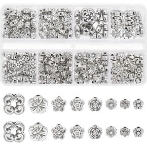 PH PandaHall 280pcs Tibetan Style Spacer Beads 8 Styles Antique Silver Jewelry Spacers, Flower Flat Round Spacer Beads Metal Rondelle Loose Beads for Earring Bracelet Necklace Jewelry Making