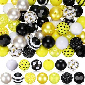 Sintuff 50 Pcs Bee Theme Bubblegum Beads Bulk 20 mm Yellow Black Acrylic Plastic Spacer Chunky Beads for Crafts DIY Bracelet Pendant Necklace