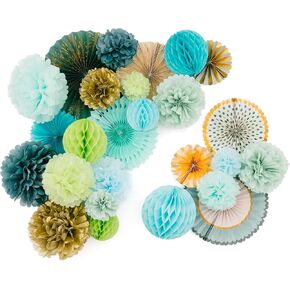 Papakit Deluxe اوريغامي مجموعة الديكور الحائط الكبيرة (مشجعي الورق المتنوع و pom-poms) حفلة عيد ميلاد استحمام الطفل أحداث الزفاف ديكور | نمط تصميم الفن الإبداعي (الألوان الاحتفالية ، مجموعة 26 قطعة ديلوكس)