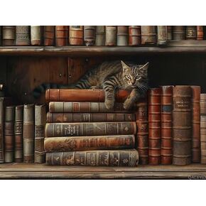QACEYID 5D Vintage Bookshelf and Cat Diamond Painting Kits Full Round Diamond Crystal Art Craft Kits for Adults, for Wall Decor Living Room Decor Gifts 12x16 Inch