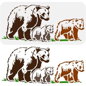 FINGERINSPIRE Mother Bear with Two Cubs Painting Stencil 11.8x5.9inch Plastic PET Animal Bear Template Reusable Bear Family Stencil Decorative Grassground Template DIY Animal Theme Stencil for DIY