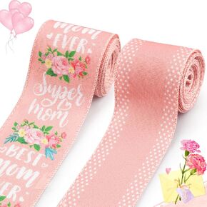 Threetols 2 Rolls 10 Yards Mother's Day Wired Edge Ribbon, 2.5inch Pink Floral Burlap Ribbon, Pink Best Mom Ever Gift Wrapping Ribbon for Home DIY Craft Mother's Day Wreaths Bow Party Decoration