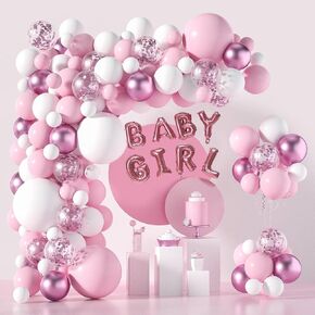 Janinus Pink And White Balloon Arch Garland Kit-121 PCS 5+12+18 Inch White Pink Baby Girl Balloons For Baby Girl Shower Decorations Birthday Engagement Party Gender Reveal Balloons Decoration