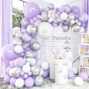 Pateeha Purple Balloon Arch Kit 140 Pcs Lavender White Silver Balloon Arch Garland Kit Butterfly Stickers 12Pcs for Birthday Bridal Shower Purple Baby Shower Decorations