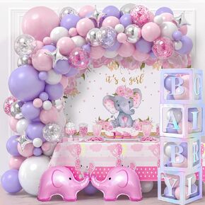 Golray 148pcs Elephant Baby Shower Decorations for Girl, Baby Boxes with Letters Pink Purple Balloon Arch Kit It's a Girl Backdrop Tablecloth, Elephant Birthday Party Supplies Baby Girl Shower Decor
