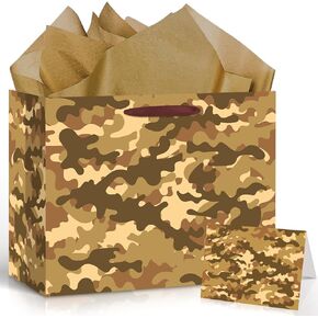 TagreSpike Camouflage Birthday Gift Bags Camo Gift Bag with Wrapping Paper and Card Large Camouflage Wrapping Paper Bag with Handle Army Party Supplies for Boys Girls Veterans Baby Shower Birthday