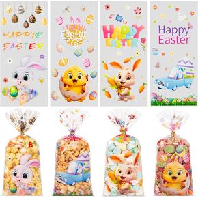 RICEDUO Easter Cellophane Treat Bags, 100 Pieces Stereoscopic Effect Easter Candy Bags with Twist Ties for Kids, 4 Assorted Styles Cello Goodie Cooikes Gift Bags for Spring Party Favor Supplies