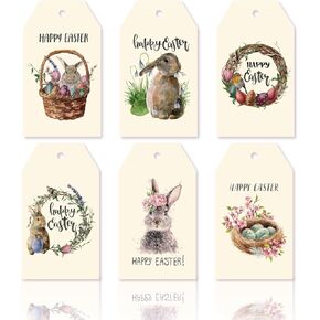 Whaline 120Pcs Easter Vintage Gift Tags with Hemp Rope Retro Easter Egg Bunny Floral Paper Tags Pre-Punched Happy Easter Hanging Labels for Easter Holiday DIY Crafts Party Favor Supplies