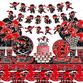 Ninja Birthday Party Decoration, Ninja Happy Birthday Backdrop, Tableware, Tablecloth and Balloons, Karate Party Ninja Warrior Master Party Supplies for Boys Girls Baby Shower, Serves 20