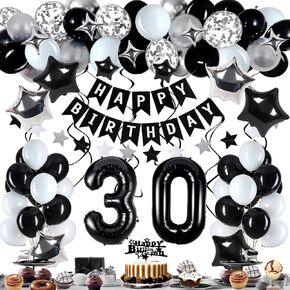 17th Birthday Decorations for Boy & Girl, Black, White & Silver Party Set with Balloons, Banner, Star & Cake Topper