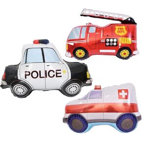 3PCS Rescue Vehicle Balloons Police Cars Fire Trucks Ambulances Mylar Foil Balloons for Kid Birthday Party Wedding Baby Shower Rescue Theme Party Home Decorations Supplies
