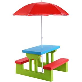 Costzon Kids Picnic Table, Indoor & Outdoor Plastic Table and Bench with Removable Umbrella, Portable Toddler Picnic Table and Chair Set for Garden, Backyard, Patio