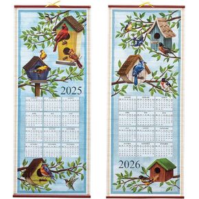 Dual-Sided 2 Year Scroll Calendar, Birds Houses Design – Ideal for Small Spaces - Bamboo-Like Paper, 12 ½ in. by 33 in., 2023-2024