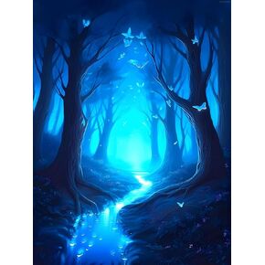 KAYEIUU 5D Blue Glow in The Dark Forest Diamond Painting Kits for Adults, DIY Landscape Diamond Art Kits, Round Full Drill Gem Arts and Crafts Kits, for Home Wall Decor Gifts 12x16 inch