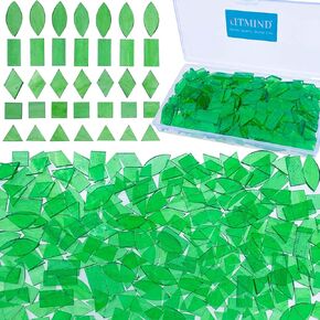 LITMIND Transparent Lime Green Stained Glass Mosaic Tiles - 240 Pieces in 5 Shapes (Rectangle, Triangle, Rhombus, Square, Leaf) Mixed Sizes for Crafts, Mosaic Projects & Home Décor