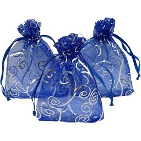 100pcs Sheer Organza Favor Bags For Wedding Baby Shower Rattan Print Gift Bags Samples Display Drawstring Pouches (3.5x4.5 inch, blue)