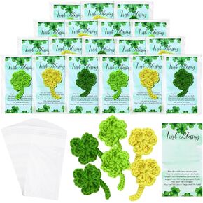60 Sets St. Patrick's Day Gifts Bulk Handmade Crochet Shamrock with St. Patrick's Day Cards Lucky Clover Ireland Themed Gifts Irish Party Favors for Kids Women Friend Family Office Classroom