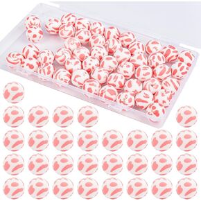 Framendino, 50 Pack Cow Print Silicone Beads 15mm Bulk Loose Round Spacer for Keychain Making Focal Pens DIY Necklace Bracelet Lanyard