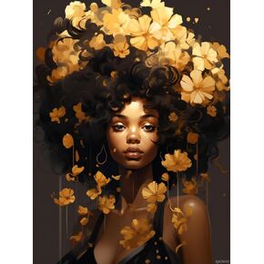 QAZWSX Cartoon Black Woman Gold Flowers 5D Full Round Drill Diamond Painting Kits by Number for Adults Beginner Diamond Painting Beads Art Crystal Rhinestone Embroidery 30x40cm