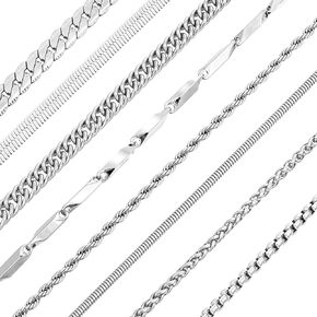 DIVINA VITAE Mens Necklace Set, 8Pcs Stainless Steel Chain Necklace for Men Women 21.65 Inch Long Silver Necklace Chain for Jewelry Making, Figaro Chain, Snake Chain, Cuban Link Chain, Rope Chain