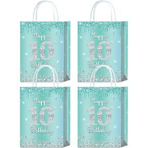16 Pieces Teal Silver 10th Birthday Party Favors Bags,Teal Blue Silver 10th Birthday Gift Snacks Treat Candy Party Favors Bags with Handles for Girls 10th Birthday Party Decorations