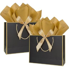 AZOWA White and Gold Gift Bags with Tissue Paper 10 Pcs Bow Ribbon Paper Bags with Handle for Wedding Baby Shower Birthday Party Guests Shopping (White and Gold, 12.5 x 10 x 4 in)