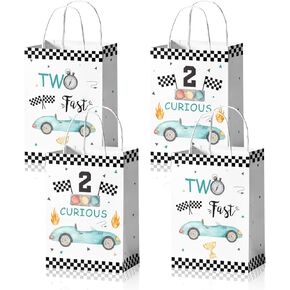 24Pcs Boy Two Fast Birthday Party Favors Bags Dusty Blue Black Race Car Goodie Treat Candy Paper Bags Wheel Checkered Party Gift Bags with Handles for 2nd Birthday Party Supplies