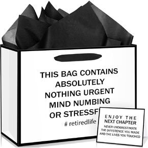 Black White Retirement Gift Bags Retirement Theme Paper Wrapping Bag with Tissue and Funny Retirement Card Black White Happy Retirement Party Decorations Gifts for Men Women Farewell Going Away Party Supplies