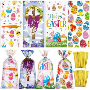 ReliThick 120 Pcs Easter Cellophane Bags Spring Easter Treat Bags with 150 Gold Twist Ties Kids Candy Goodie Bags for Religious Easter Birthday Party Supplies