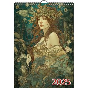 2025 Wall Calendar [12 pages 8"x12"] Incredible Pretty Women with Amazing Green Dresses and Flowers Vintage Art Nouveau Alphonse Mucha Book Illustration Poster