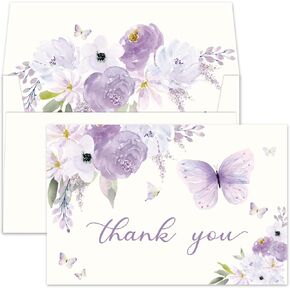 Gooji 4x6 Purple Floral Thank You Cards with Envelopes 20 Pack Matching Peel-and-Seal Envelopes, Assorted Bulk Watercolor, Birthday, Baby Shower, Weddings, Blank Business Stationary
