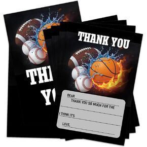 20 PCS Boy Sport Thank You Cards مع 20 مظاريف ، شكرًا لك ملاحظات ، املأ بطاقات الشكر الفارغة للأطفال ، وبطاقات شكر ملونة لحفلة عيد الميلاد -08