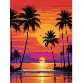 PUAGEMTI Palm Tree Sunset Diamond Painting,Summer Beach Sunset 5D Diamond Art Painting Kits Home Wall Decor for Adults Beginners DIY Full Drill 12x16 Inch