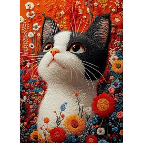 Bgraamiens Puzzle- 3D Visual Cute Embroidery Kitten with Flowers 1000 Pieces Jigsawpuzzle for Adult,Colorful Style with Letters on The Back Cute Cat Jigsaw for Adult