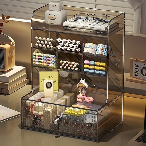 Clear Desk Organizer, Pen Storage Shelves with Drawers, Desk Accessories Holder,Makeup Brush Storage Organizer for Office School Home Supplies (Transparent Brown) in Saudi Arabia