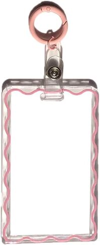 Simple Color Wave Card Holder，Acrylic Transparent Kpop Idol Photocard Holder Cute Love Heart ID Credit Card Sleeve Cover Protector with Pendant Keychain (Pink) in Saudi Arabia
