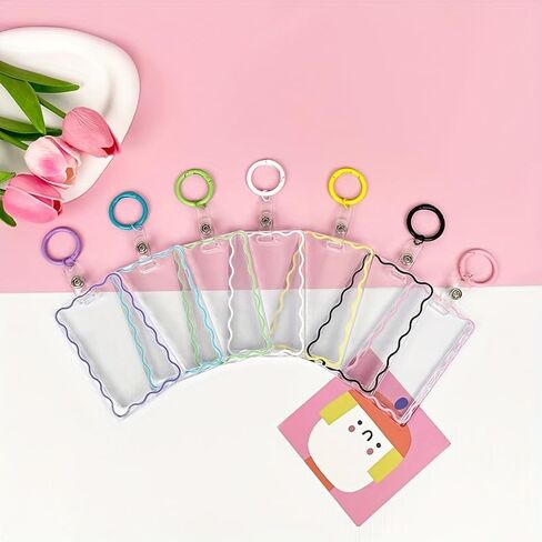 Simple Color Wave Card Holder，Acrylic Transparent Kpop Idol Photocard Holder Cute Love Heart ID Credit Card Sleeve Cover Protector with Pendant Keychain (Pink) in Saudi Arabia
