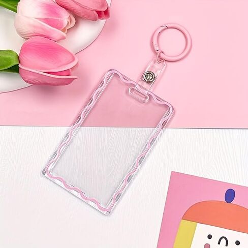 Simple Color Wave Card Holder，Acrylic Transparent Kpop Idol Photocard Holder Cute Love Heart ID Credit Card Sleeve Cover Protector with Pendant Keychain (Pink) in Saudi Arabia