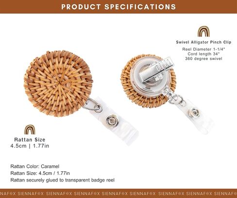 SiennaFox Retractable Rattan Badge Reel Holder with Alligator Clip 34 inch Pull Cord Nurse Boho Office ID Woman Nursing Hospital (Caramel Rattan) in Saudi Arabia