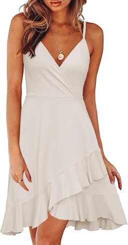 ULTRANICE Womens Summer Floral Wrap V Neck Adjustable Spaghetti Casual Ruffle Dress in Kuwait
