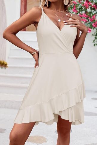 ULTRANICE Womens Summer Floral Wrap V Neck Adjustable Spaghetti Casual Ruffle Dress in Kuwait